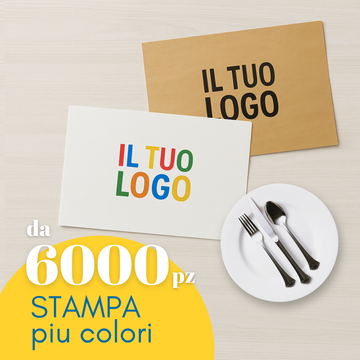 Tovagliette personalizzate con il tuo logo. Una bianca una color avana. Scritta in primo piano da 6000 pz stampa piu colori